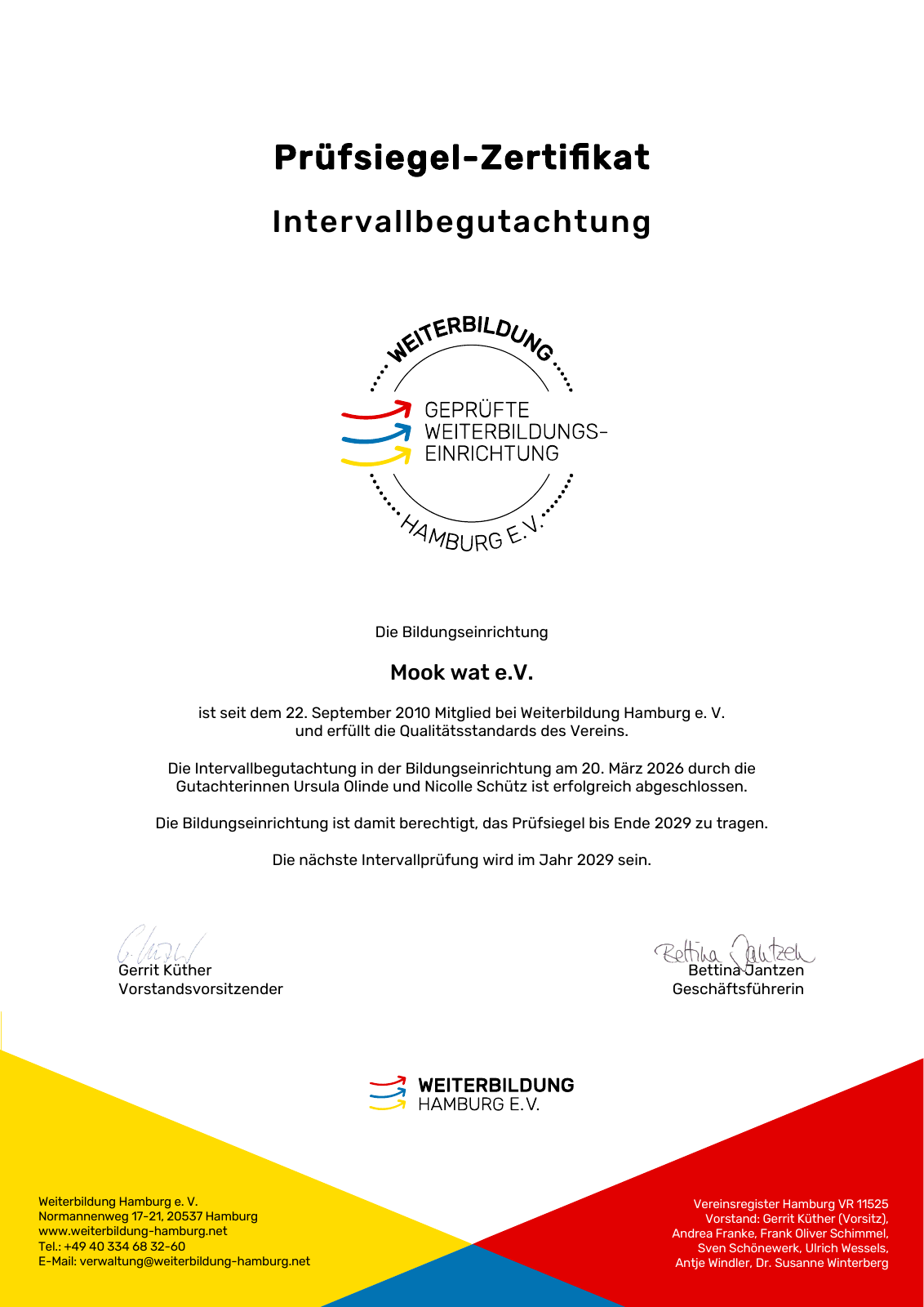 Prüfsiegel-Zertifikat von Weiterbildung Hamburg e.V. für Mook wat e.V. – vollständiges PDF öffnen